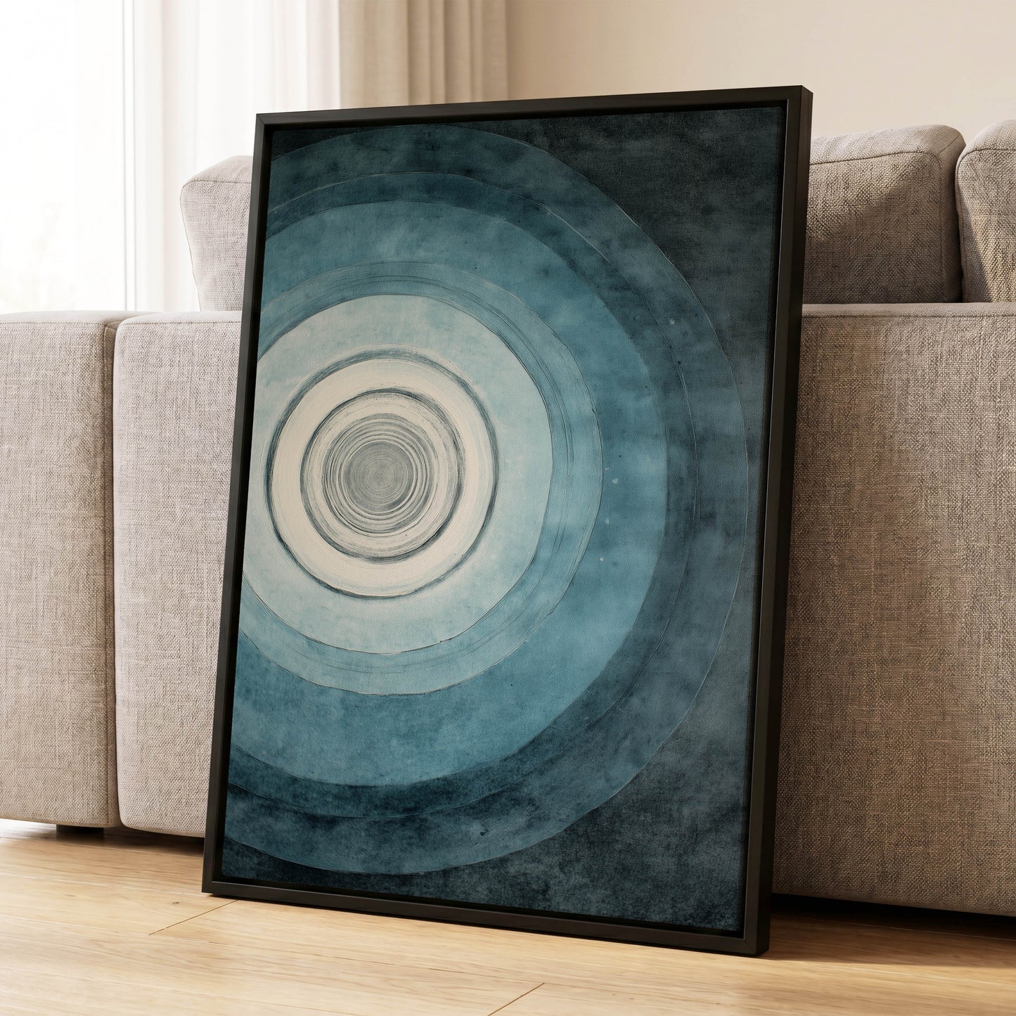 Echoes in Blue, blue, black, white abstract wall art displayed in a styled interior, gallery view 4