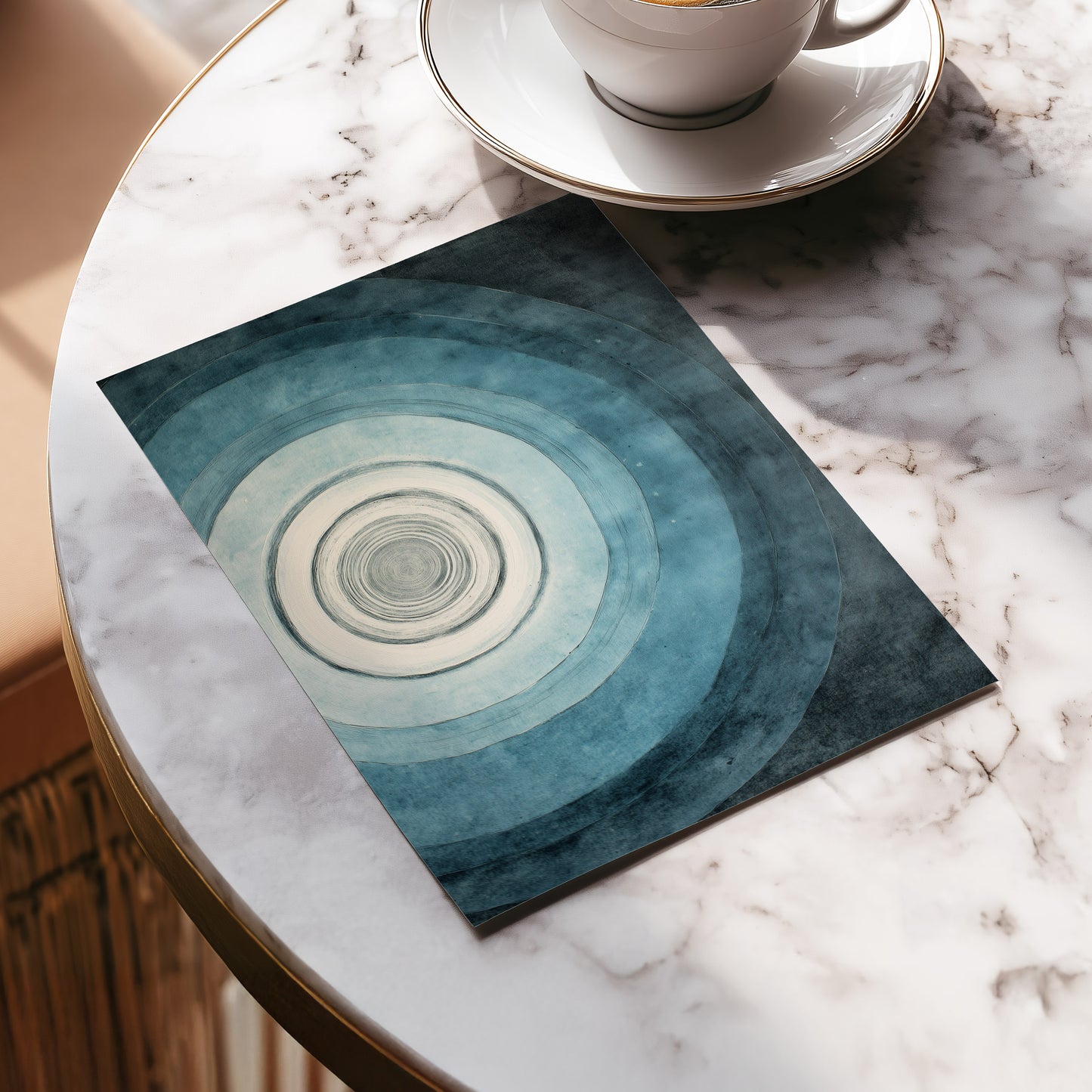 Echoes in Blue, blue, black, white abstract wall art displayed in a styled interior, gallery view 5