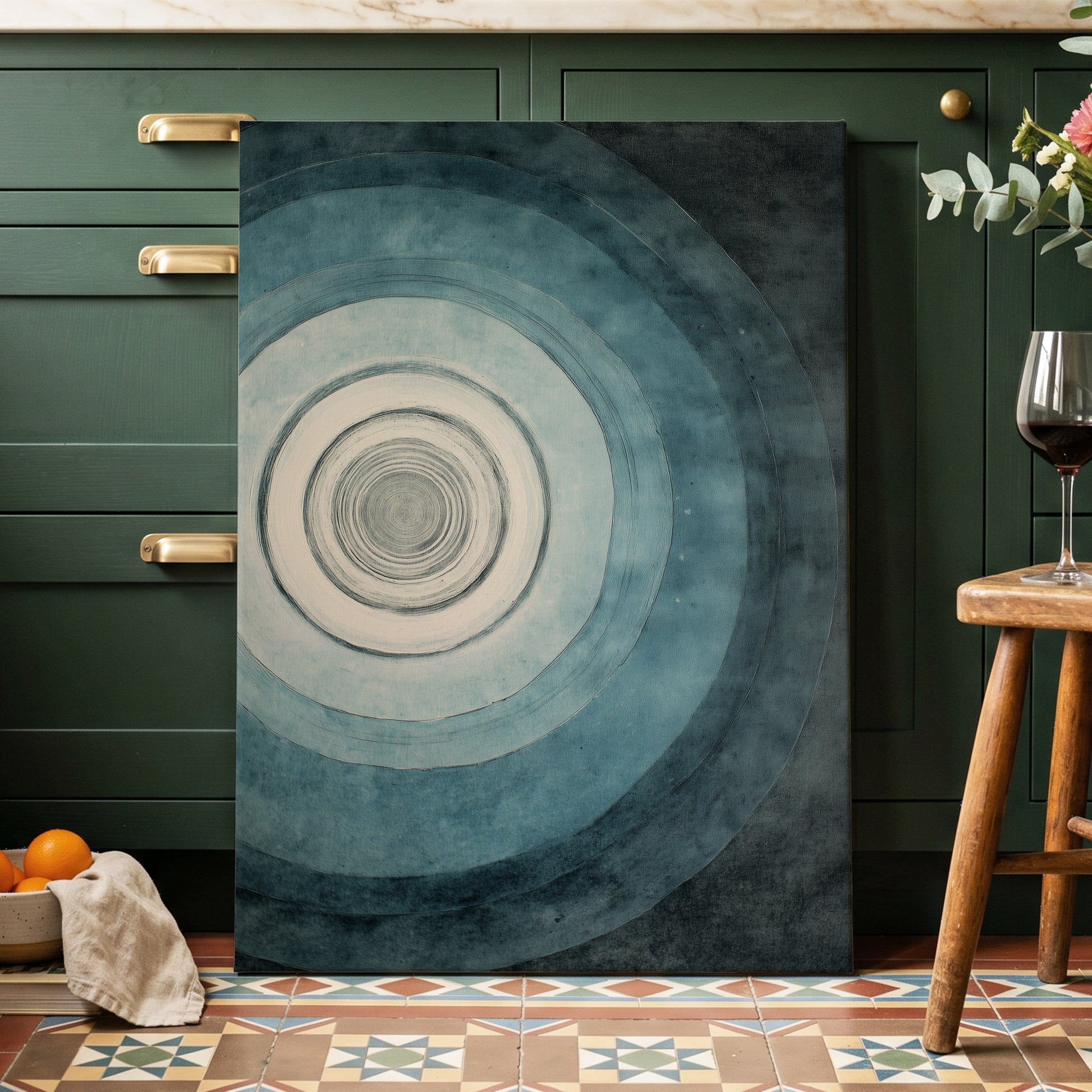 Echoes in Blue, blue, black, white abstract wall art displayed in a styled interior, gallery view 7