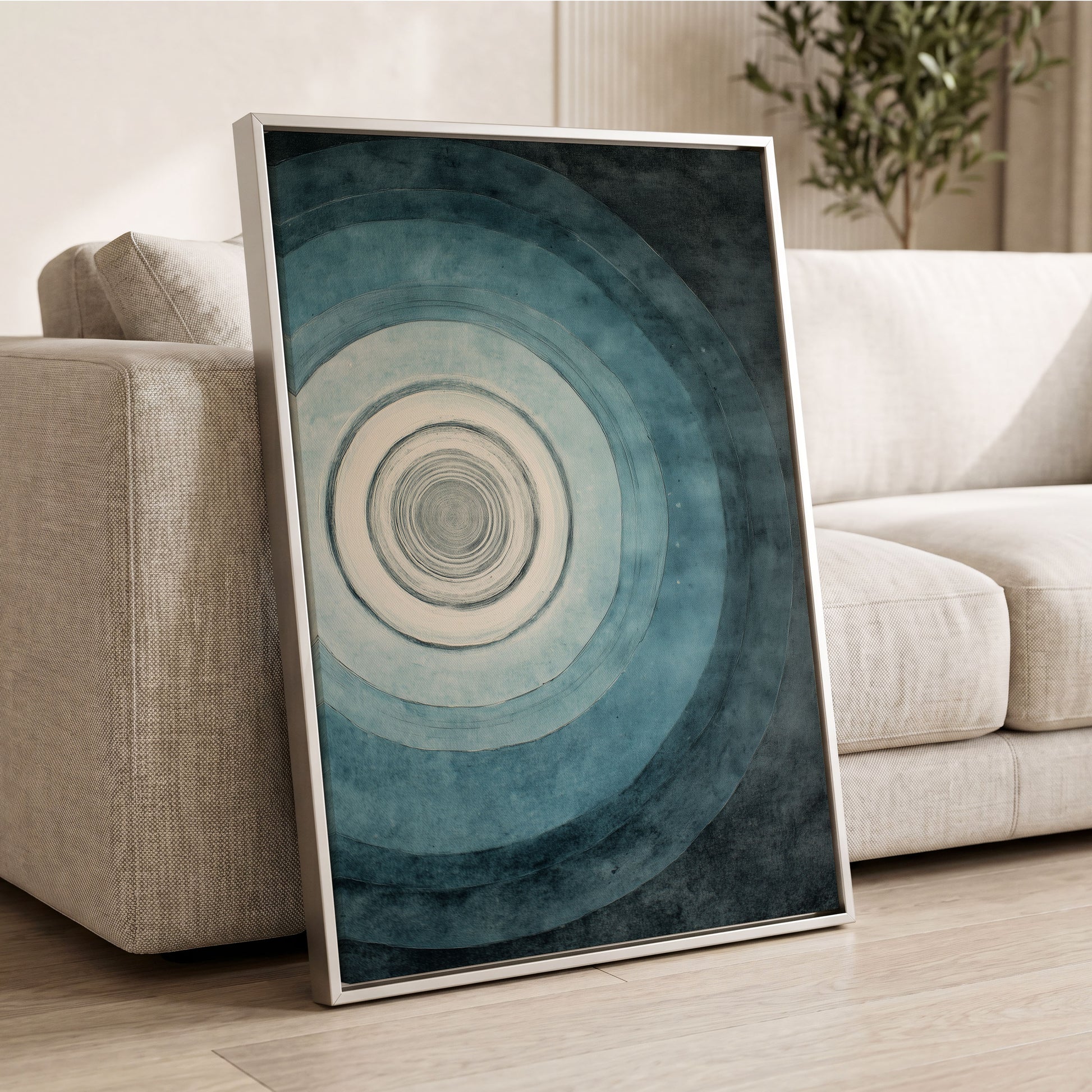 Echoes in Blue, blue, black, white abstract wall art displayed in a styled interior, gallery view 8