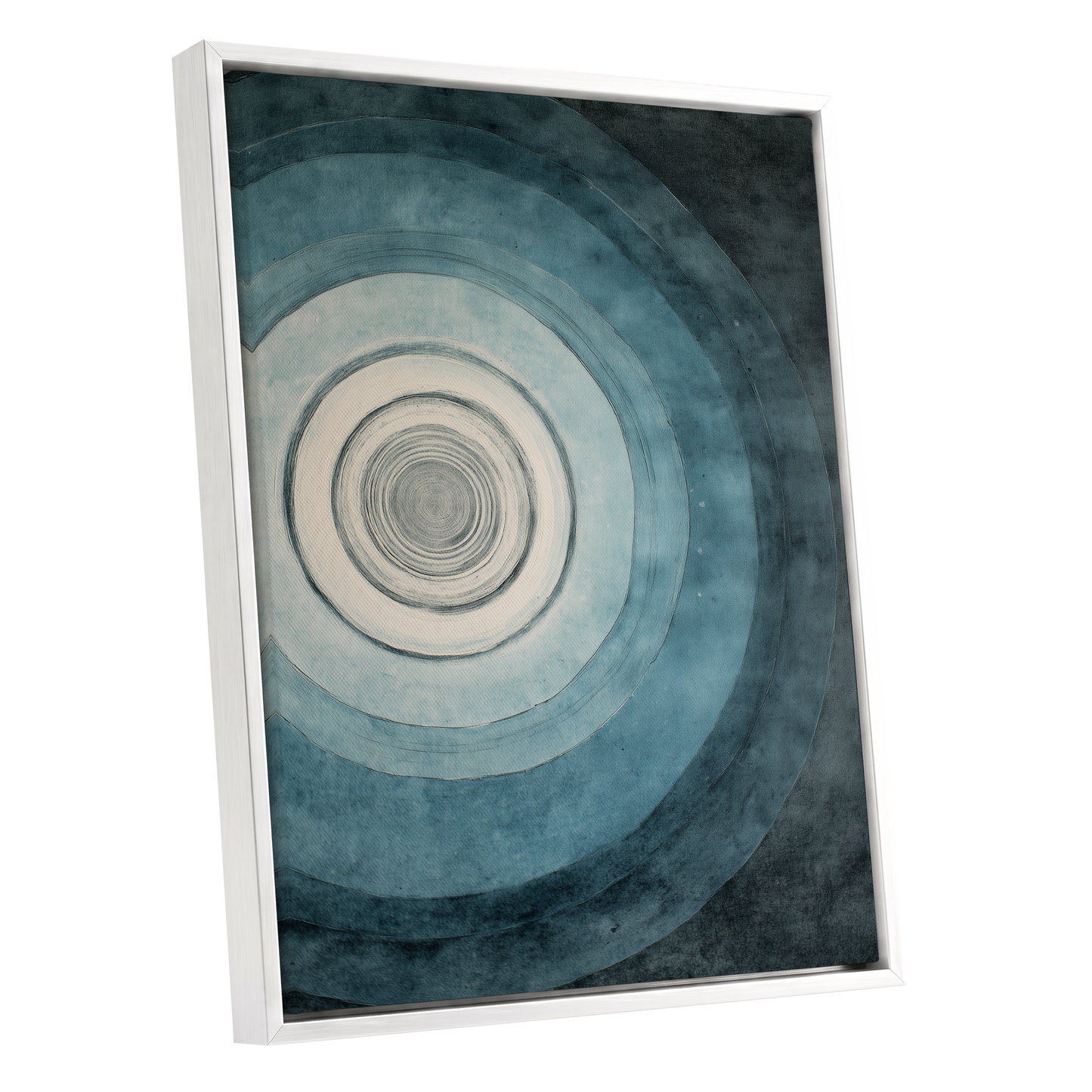 Echoes in Blue, blue, black, white abstract wall art shown as a white framed canvas wall art