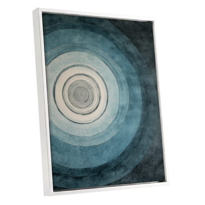 Echoes in Blue, blue, black, white abstract wall art shown as a white framed canvas wall art