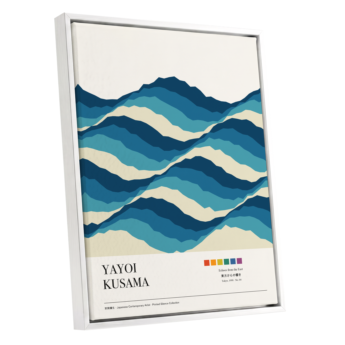 Echoes in Blue, blue, beige, white nature wall art shown as a white framed canvas wall art