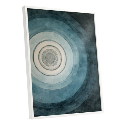 Echoes in Blue, blue, black, white abstract wall art shown as a white framed poster wall art print