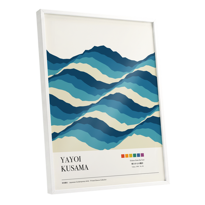 Echoes in Blue, blue, beige, white nature wall art shown as a white framed poster wall art print