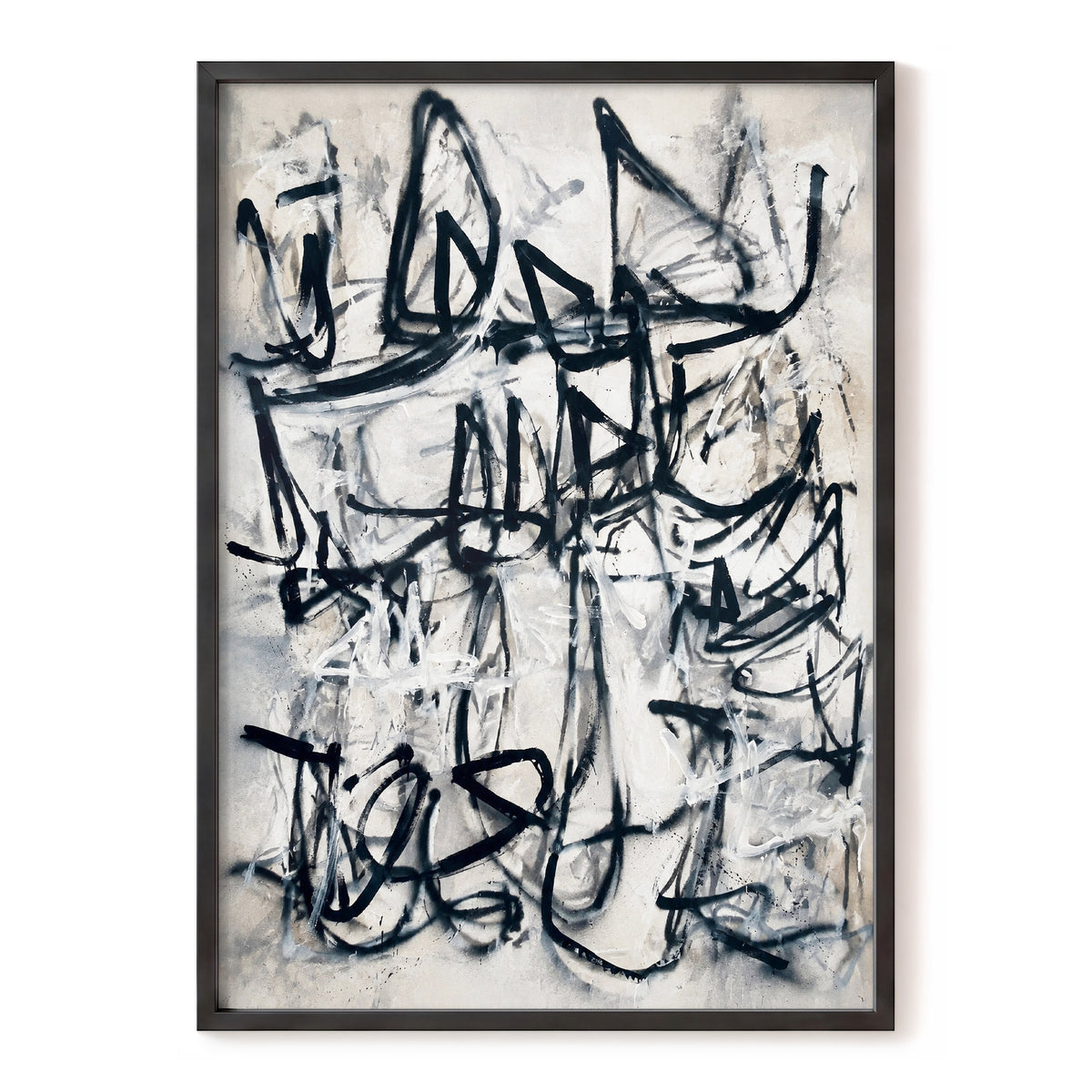 Echoes in Ink, black, beige, white abstract wall art, front artwork view