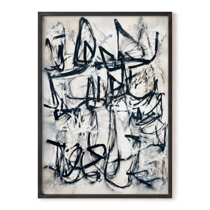 Echoes in Ink, black, beige, white abstract wall art, front artwork view