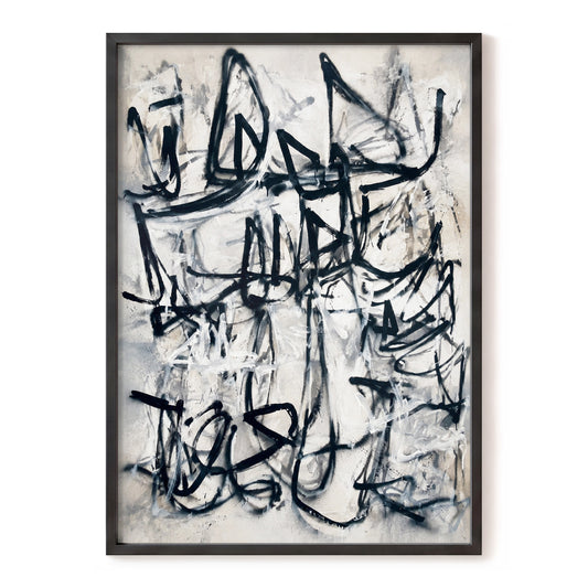 Echoes in Ink, black, beige, white abstract wall art, front artwork view