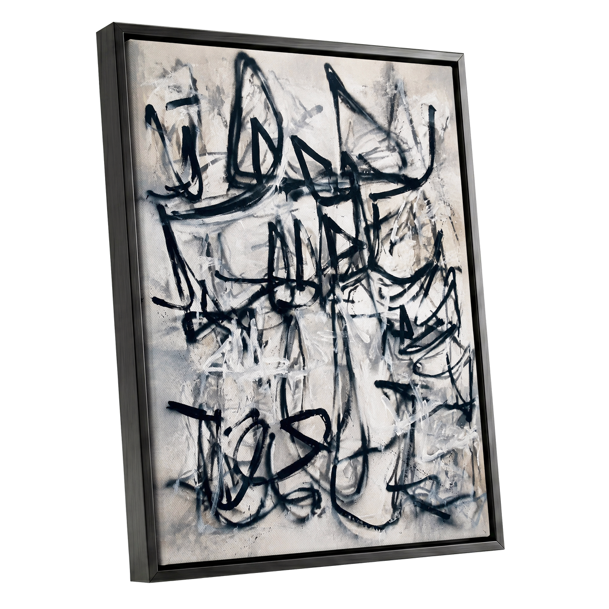 Echoes in Ink, black, beige, white abstract wall art shown as a black framed canvas wall art