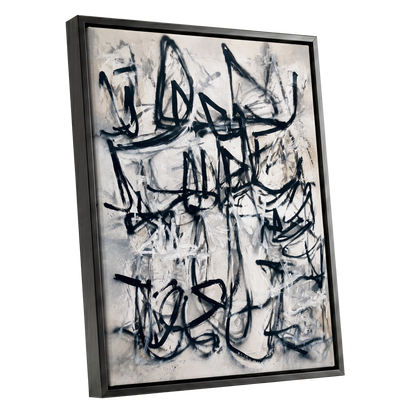 Echoes in Ink, black, beige, white abstract wall art shown as a black framed canvas wall art