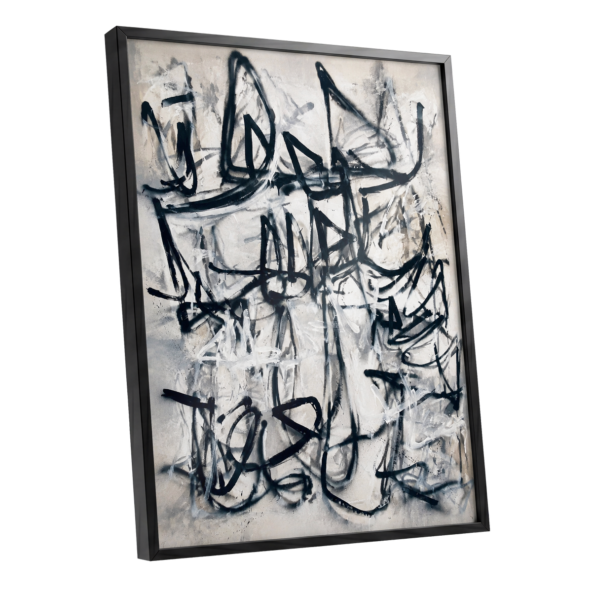 Echoes in Ink, black, beige, white abstract wall art shown as a black framed poster wall art print