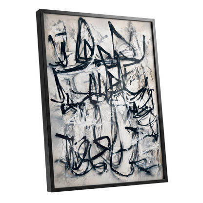 Echoes in Ink, black, beige, white abstract wall art shown as a black framed poster wall art print