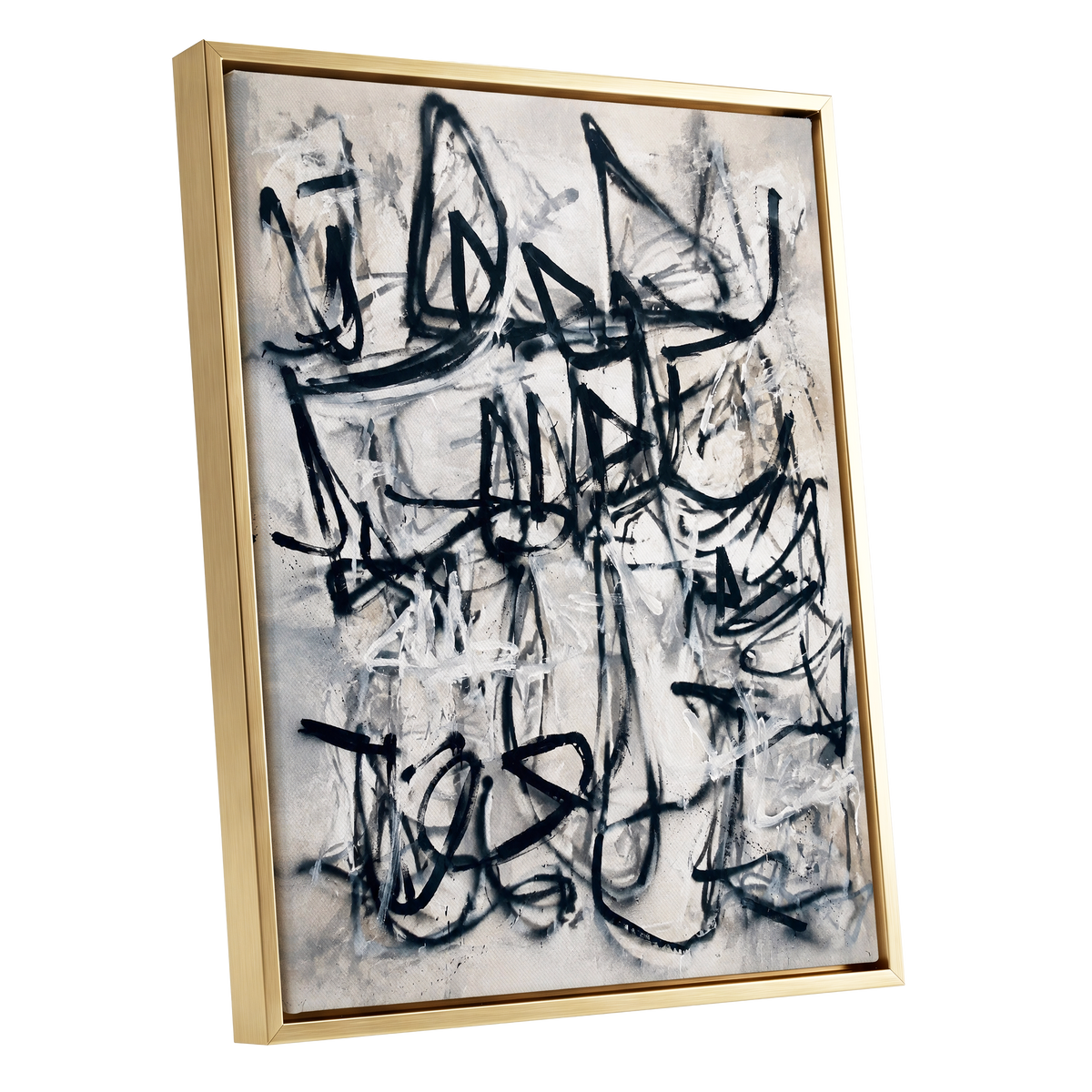 Echoes in Ink, black, beige, white abstract wall art shown as a gold framed canvas wall art