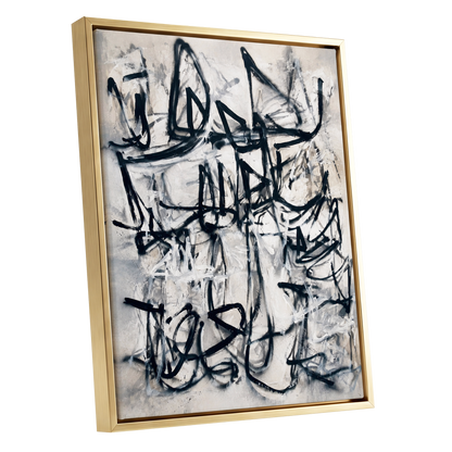 Echoes in Ink, black, beige, white abstract wall art shown as a gold framed canvas wall art