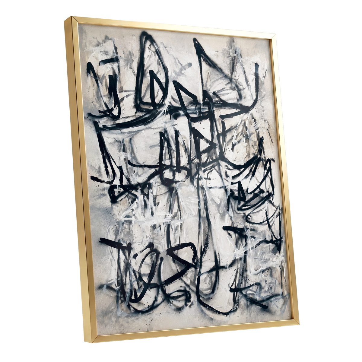 Echoes in Ink, black, beige, white abstract wall art shown as a gold framed poster wall art print