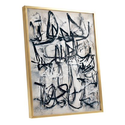 Echoes in Ink, black, beige, white abstract wall art shown as a gold framed poster wall art print