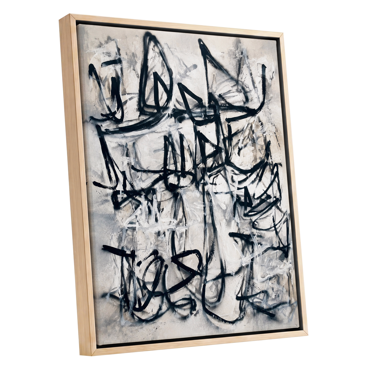 Echoes in Ink, black, beige, white abstract wall art shown as a oak framed canvas wall art