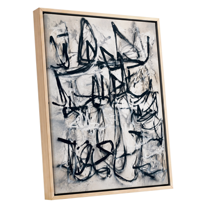 Echoes in Ink, black, beige, white abstract wall art shown as a oak framed canvas wall art