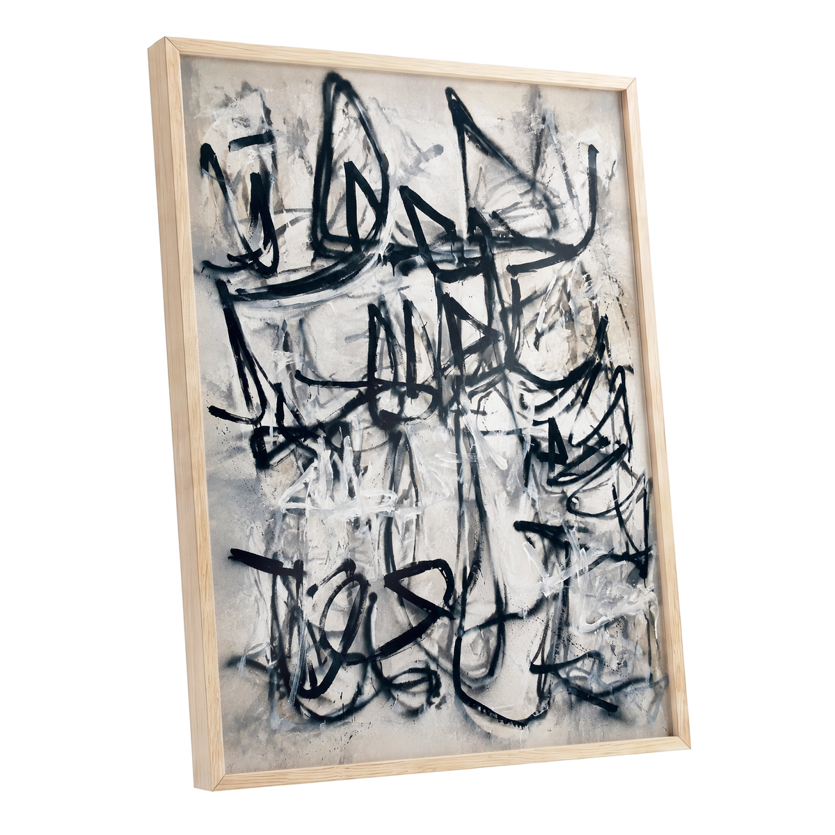 Echoes in Ink, black, beige, white abstract wall art shown as a oak framed poster wall art print