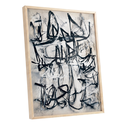 Echoes in Ink, black, beige, white abstract wall art shown as a oak framed poster wall art print