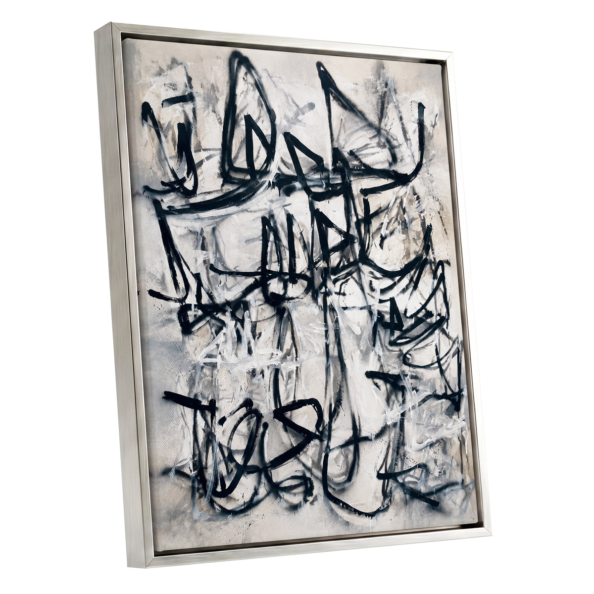 Echoes in Ink, black, beige, white abstract wall art shown as a silver framed canvas wall art