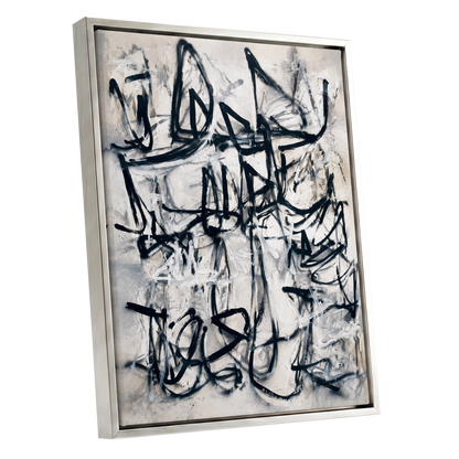 Echoes in Ink, black, beige, white abstract wall art shown as a silver framed canvas wall art