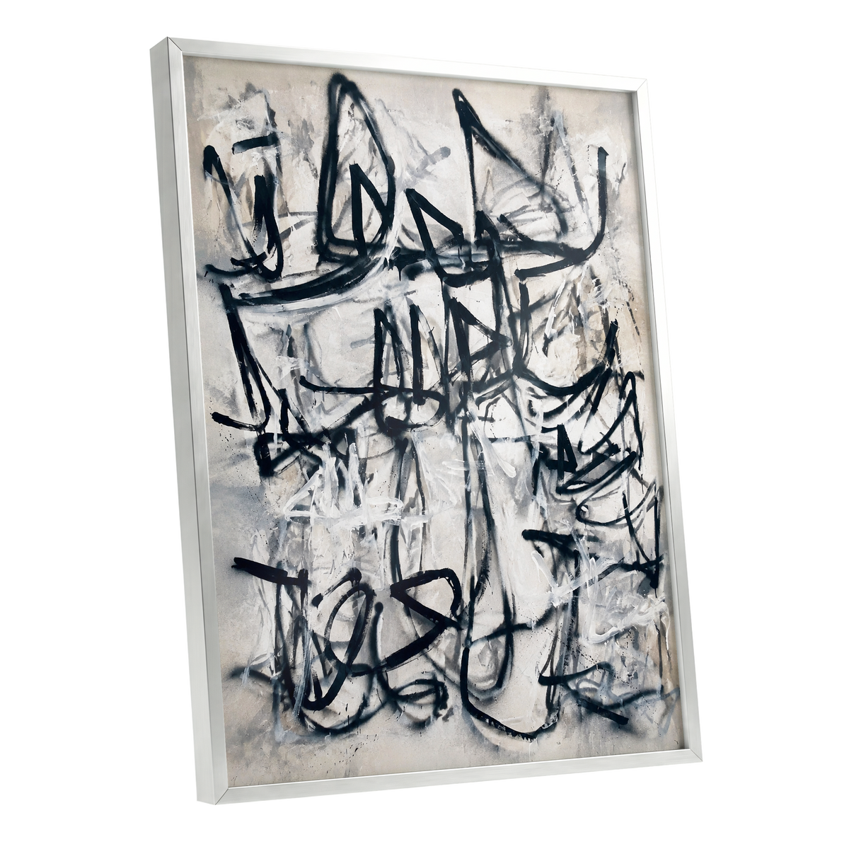 Echoes in Ink, black, beige, white abstract wall art shown as a silver framed poster wall art print