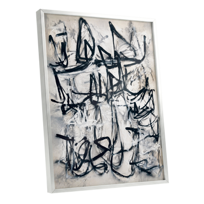 Echoes in Ink, black, beige, white abstract wall art shown as a silver framed poster wall art print