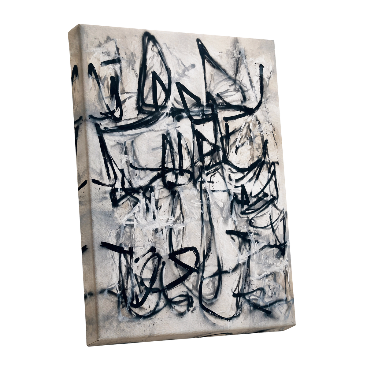 Echoes in Ink, black, beige, white abstract wall art shown as a stretched canvas wall art
