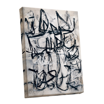 Echoes in Ink, black, beige, white abstract wall art shown as a stretched canvas wall art
