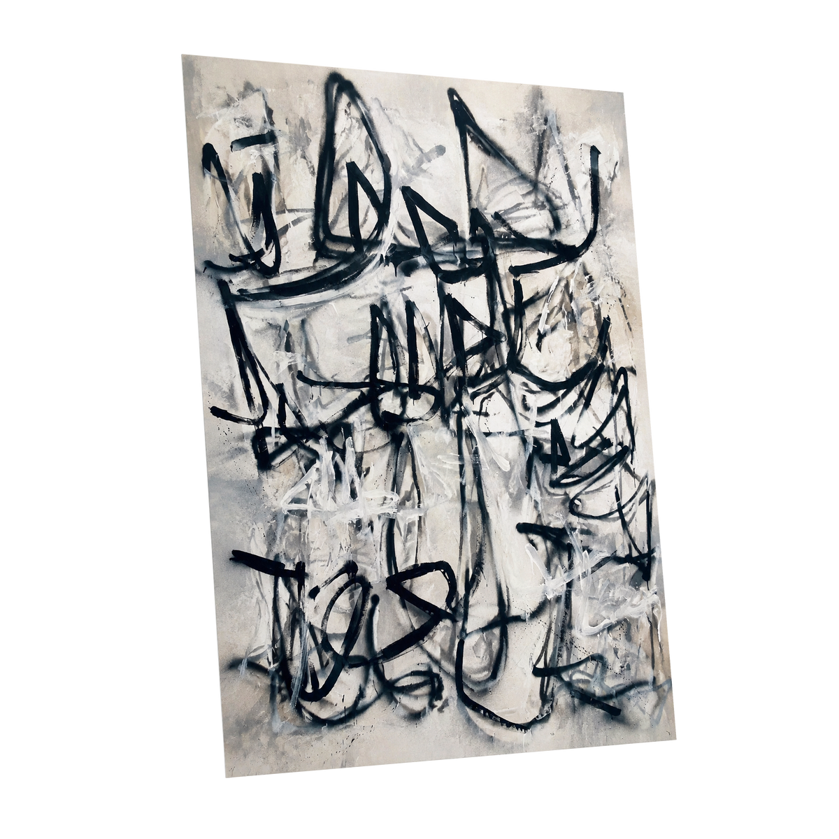 Echoes in Ink, black, beige, white abstract wall art shown as a unframed poster wall art print
