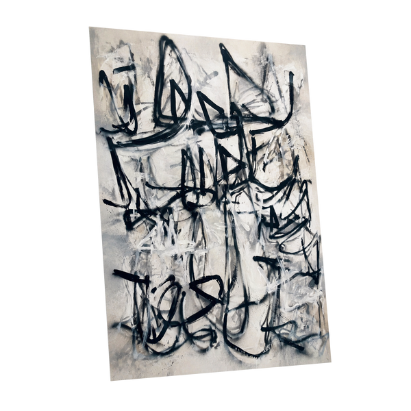 Echoes in Ink, black, beige, white abstract wall art shown as a unframed poster wall art print