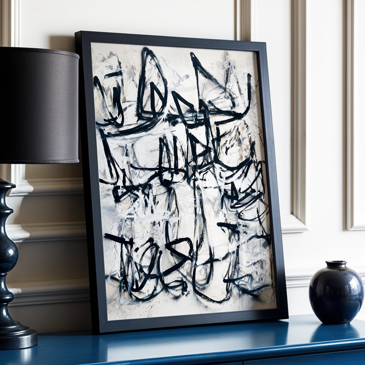 Echoes in Ink, black, beige, white abstract wall art displayed in a styled interior, gallery view 2