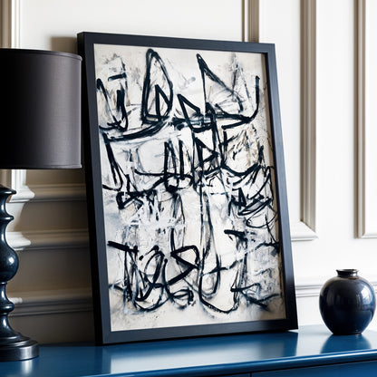Echoes in Ink, black, beige, white abstract wall art displayed in a styled interior, gallery view 2