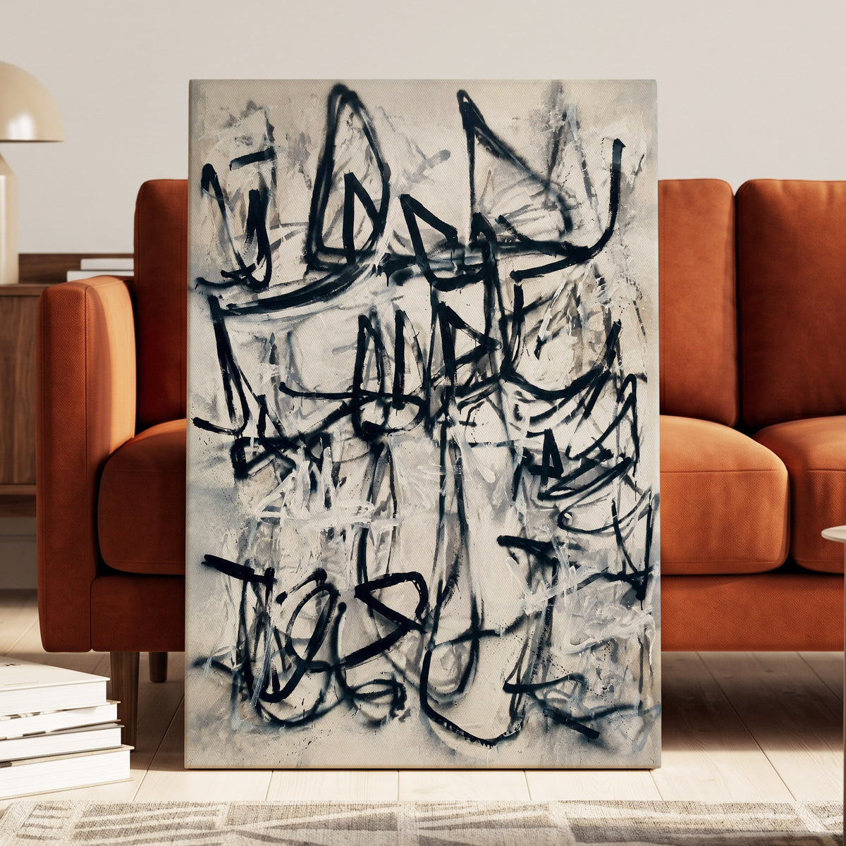 Echoes in Ink, black, beige, white abstract wall art displayed in a styled interior, gallery view 3