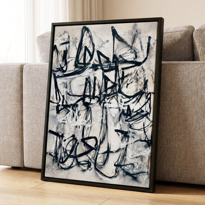 Echoes in Ink, black, beige, white abstract wall art displayed in a styled interior, gallery view 4
