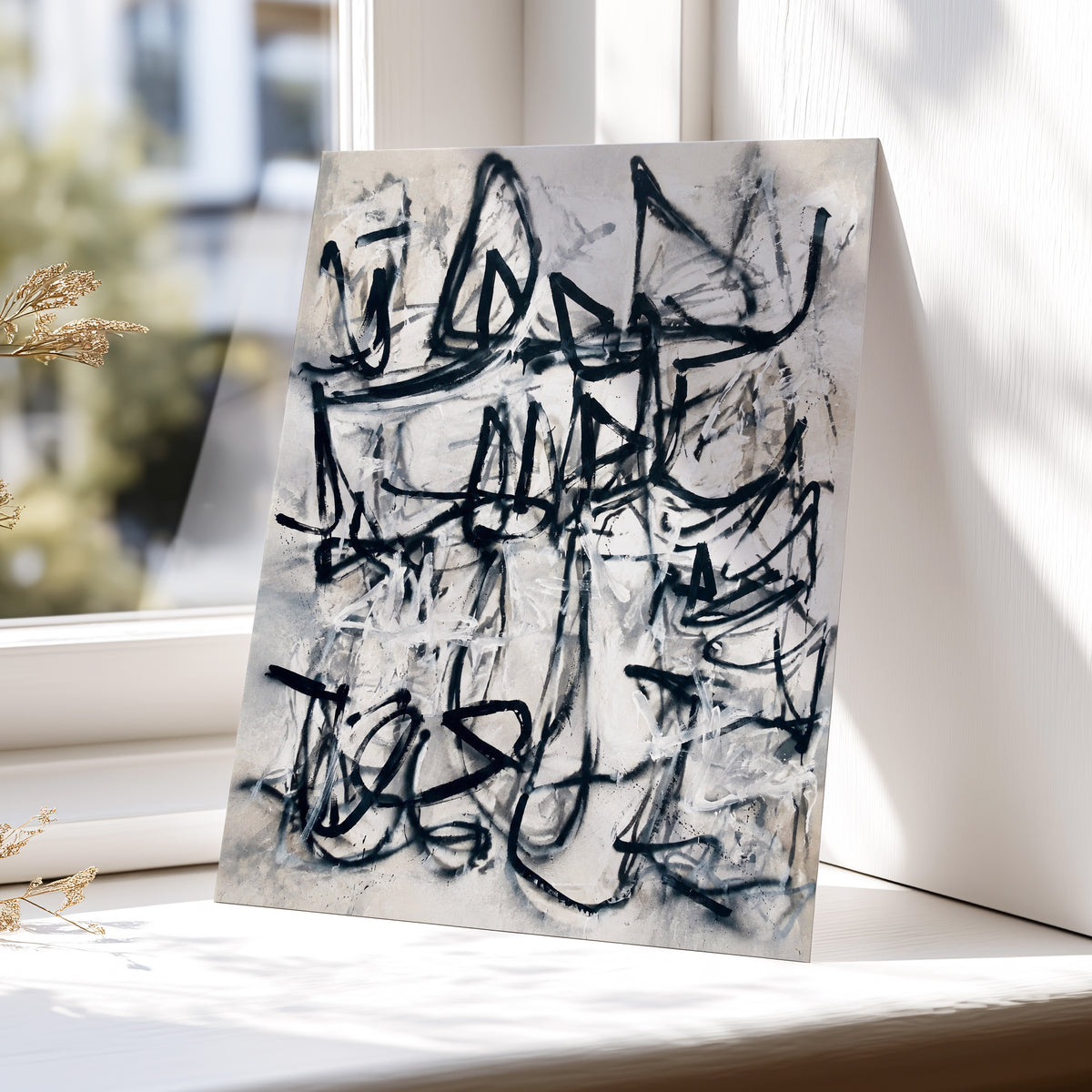 Echoes in Ink, black, beige, white abstract wall art displayed in a styled interior, gallery view 5