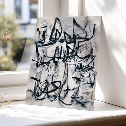 Echoes in Ink, black, beige, white abstract wall art displayed in a styled interior, gallery view 5