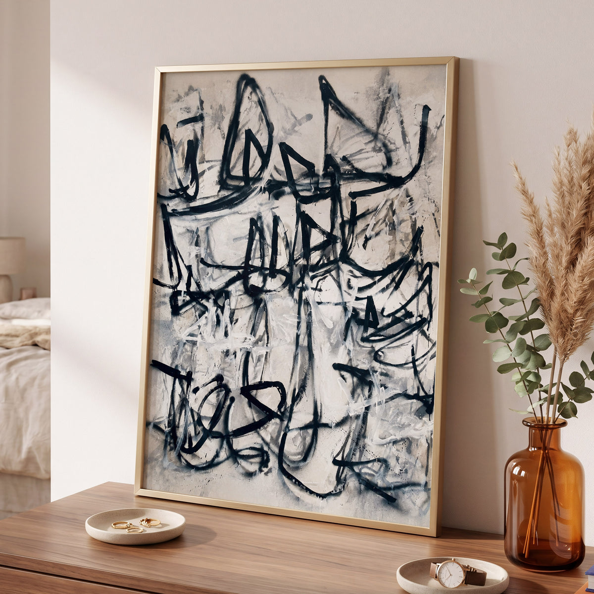 Echoes in Ink, black, beige, white abstract wall art displayed in a styled interior, gallery view 6