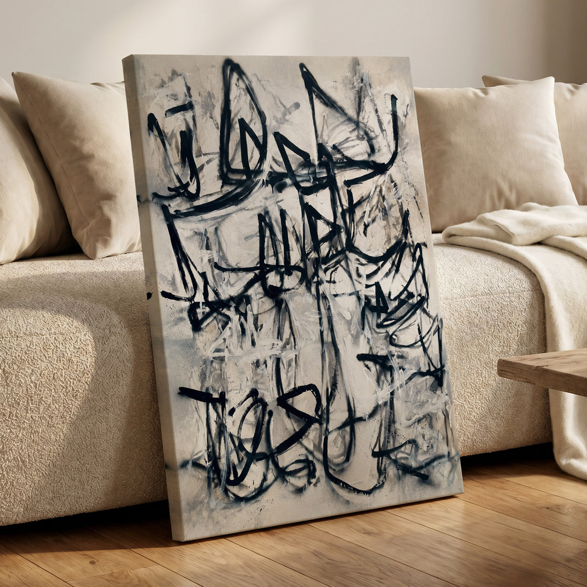 Echoes in Ink, black, beige, white abstract wall art displayed in a styled interior, gallery view 7