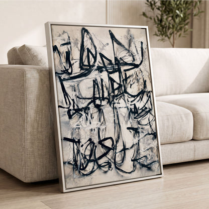 Echoes in Ink, black, beige, white abstract wall art displayed in a styled interior, gallery view 8