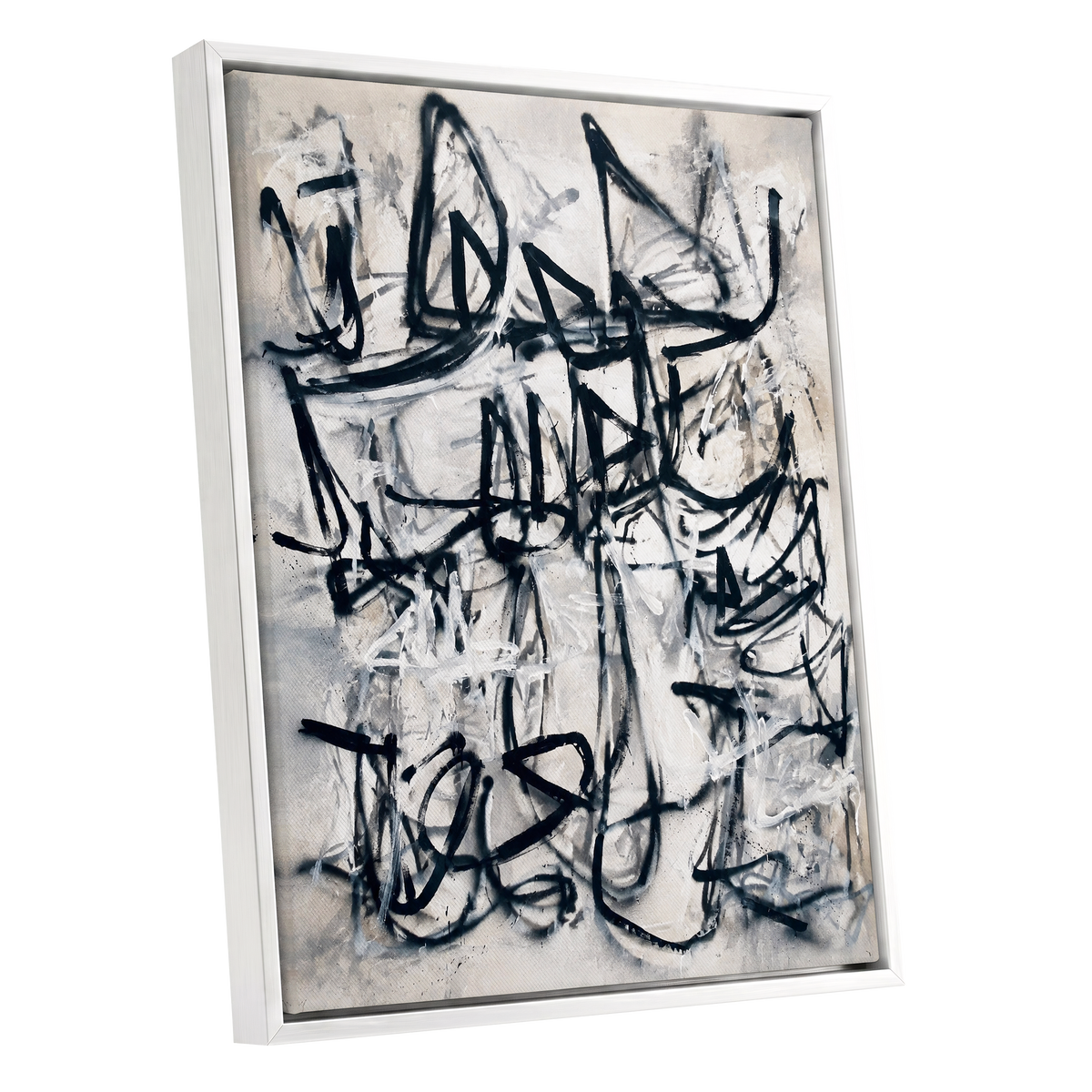 Echoes in Ink, black, beige, white abstract wall art shown as a white framed canvas wall art