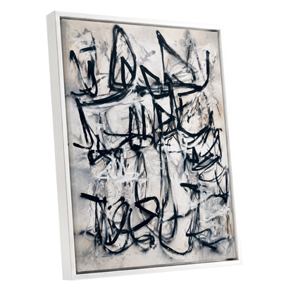 Echoes in Ink, black, beige, white abstract wall art shown as a white framed canvas wall art