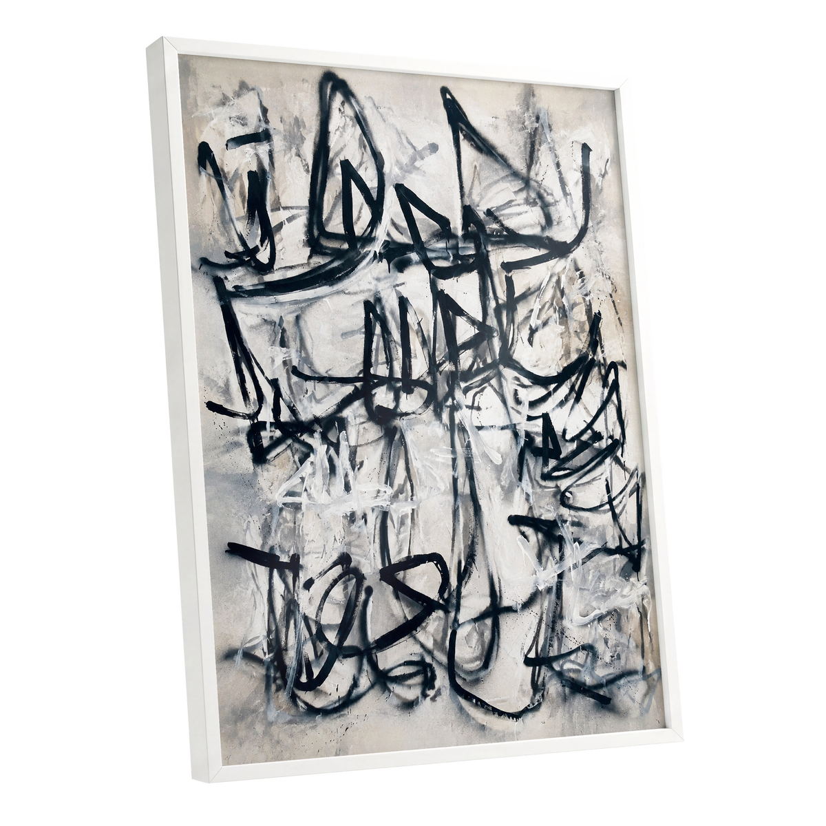 Echoes in Ink, black, beige, white abstract wall art shown as a white framed poster wall art print
