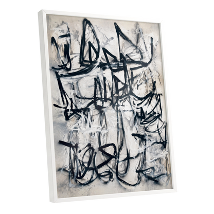 Echoes in Ink, black, beige, white abstract wall art shown as a white framed poster wall art print