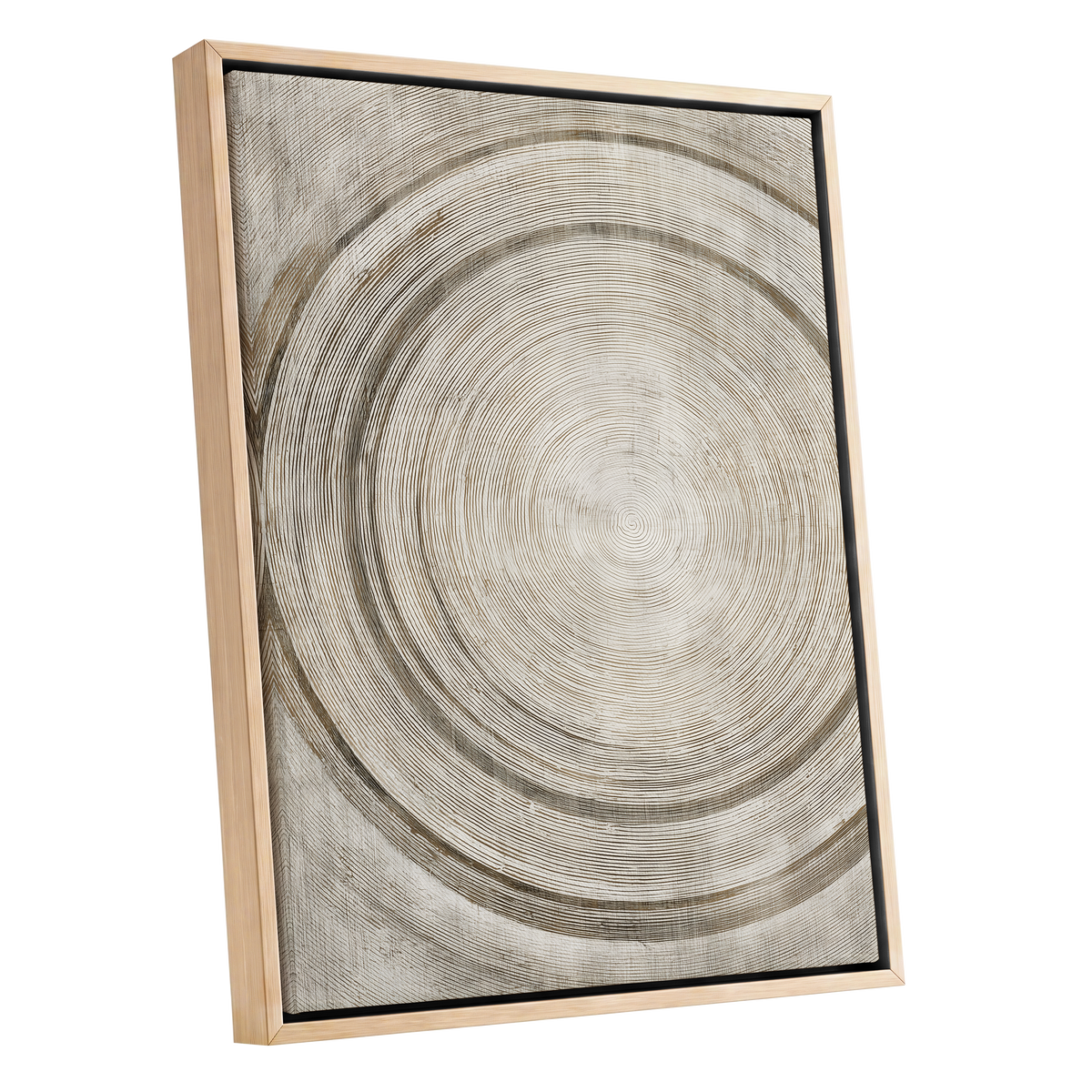 Echoes in the Grain, beige, brown, gray nature wall art shown as a oak framed canvas wall art