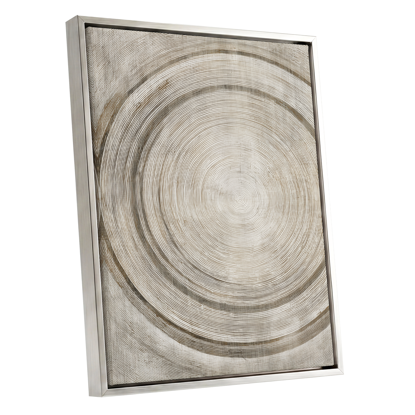 Echoes in the Grain, beige, brown, gray nature wall art shown as a silver framed canvas wall art