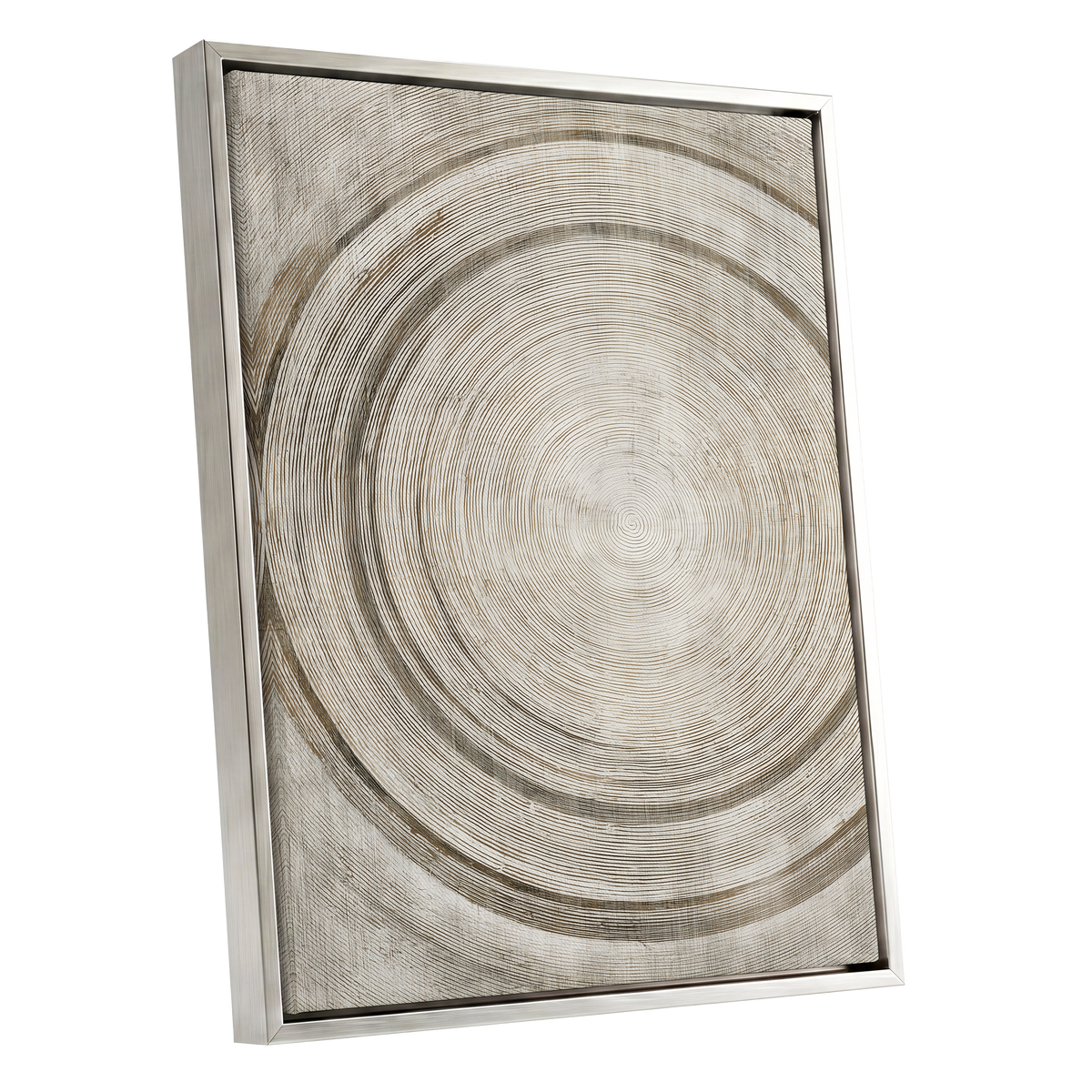 Echoes in the Grain, beige, brown, gray nature wall art shown as a silver framed canvas wall art