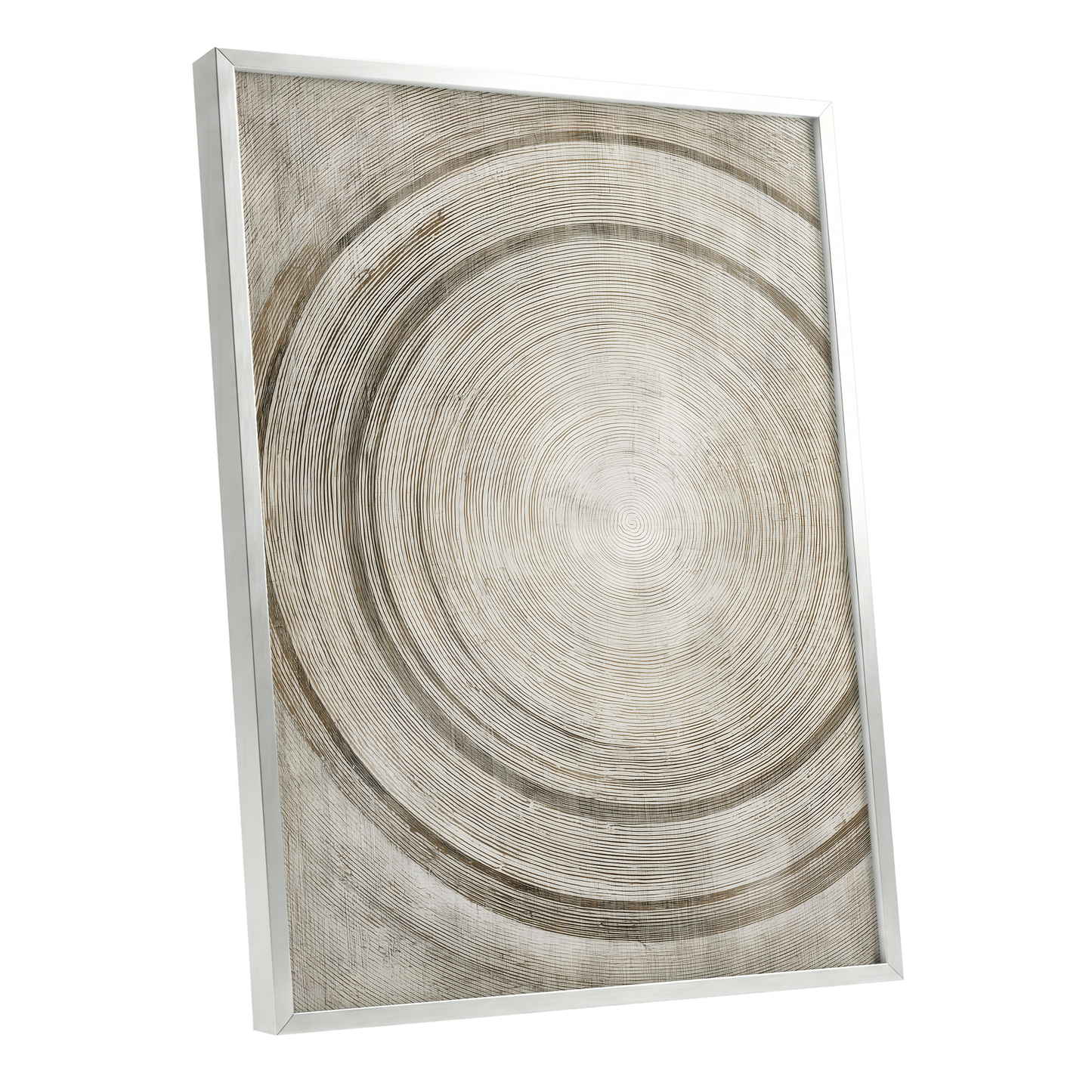 Echoes in the Grain, beige, brown, gray nature wall art shown as a silver framed poster wall art print