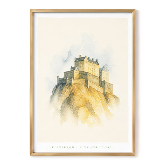 Edinburgh Above the Mist, beige, gold, gray minimalist wall art, front artwork view